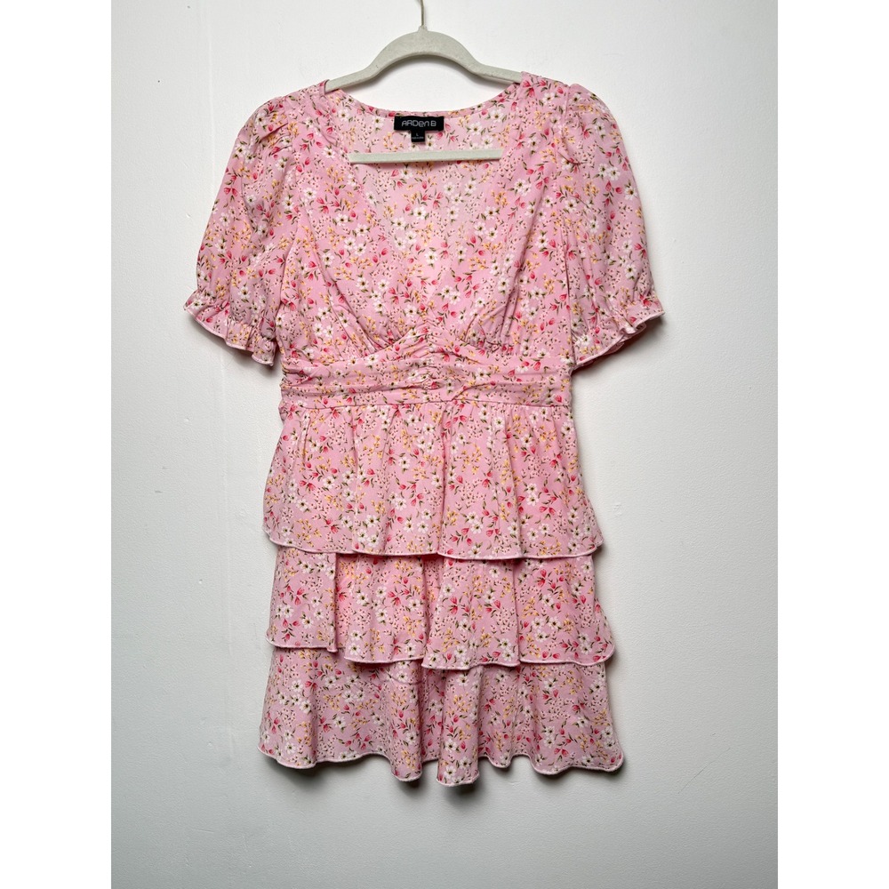 Arden B Pink Floral Tiered Mini Dress Womens Large Short‎ Puff Sleeve V-Neck